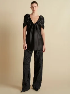Satin Top with Draped Neckline in Black