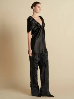 Satin Top with Draped Neckline in Black