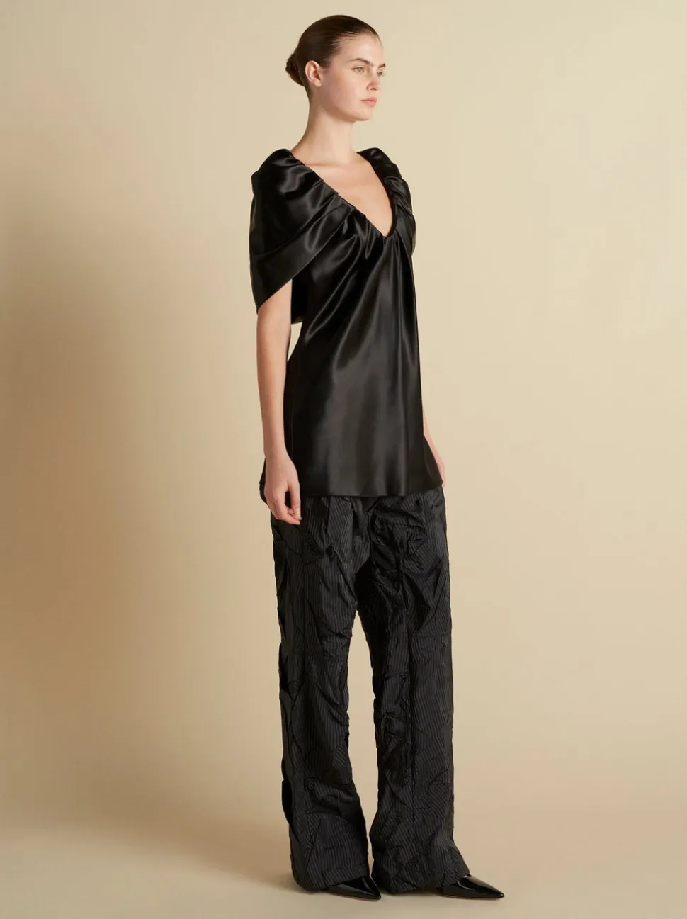 Satin Top with Draped Neckline in Black