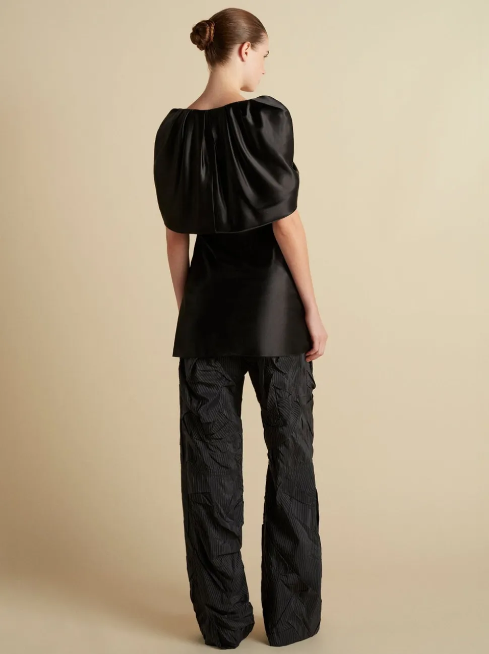 Satin Top with Draped Neckline in Black