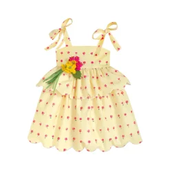 Scallop Peplum Petal Dress in Yellow & Pink Daisies