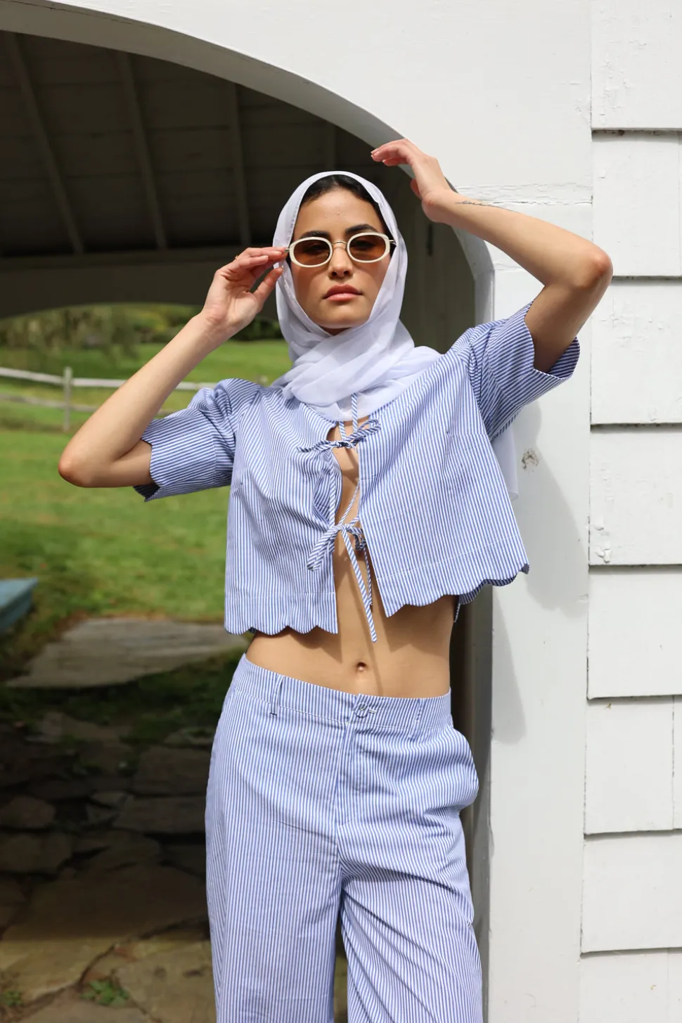 Scalloped Top in Blue Stripe