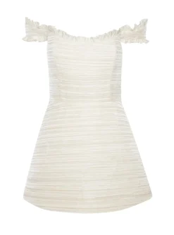 Scarlett Pleated Off-The-Shoulder Mini Dress in Duchess Satin