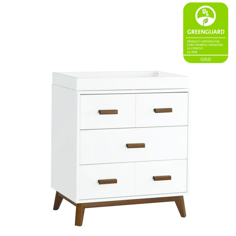 Scoot 3-Drawer Changer Dresser with Removable Changing Tray in White & Natural Walnut
