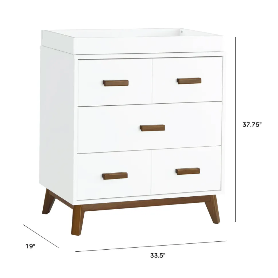 Scoot 3-Drawer Changer Dresser with Removable Changing Tray in White & Natural Walnut