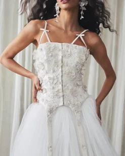 Selina Corset Top in Ivory Silk Wool with Leaf Cluster Embellishment