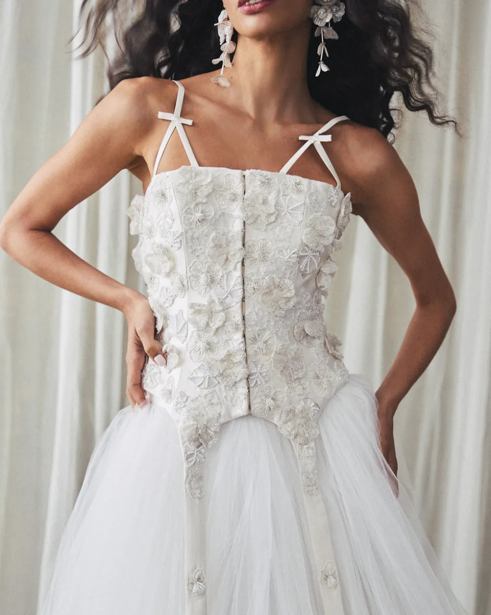 Selina Corset Top in Ivory Silk Wool with Leaf Cluster Embellishment