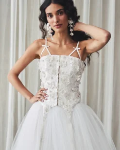 Selina Corset Top in Ivory Silk Wool with Leaf Cluster Embellishment