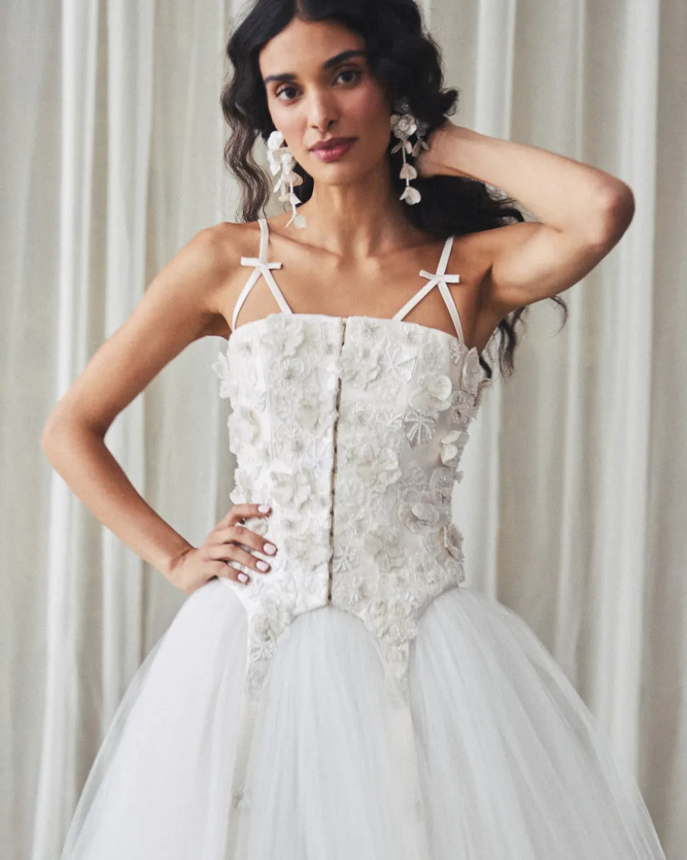 Selina Corset Top in Ivory Silk Wool with Leaf Cluster Embellishment