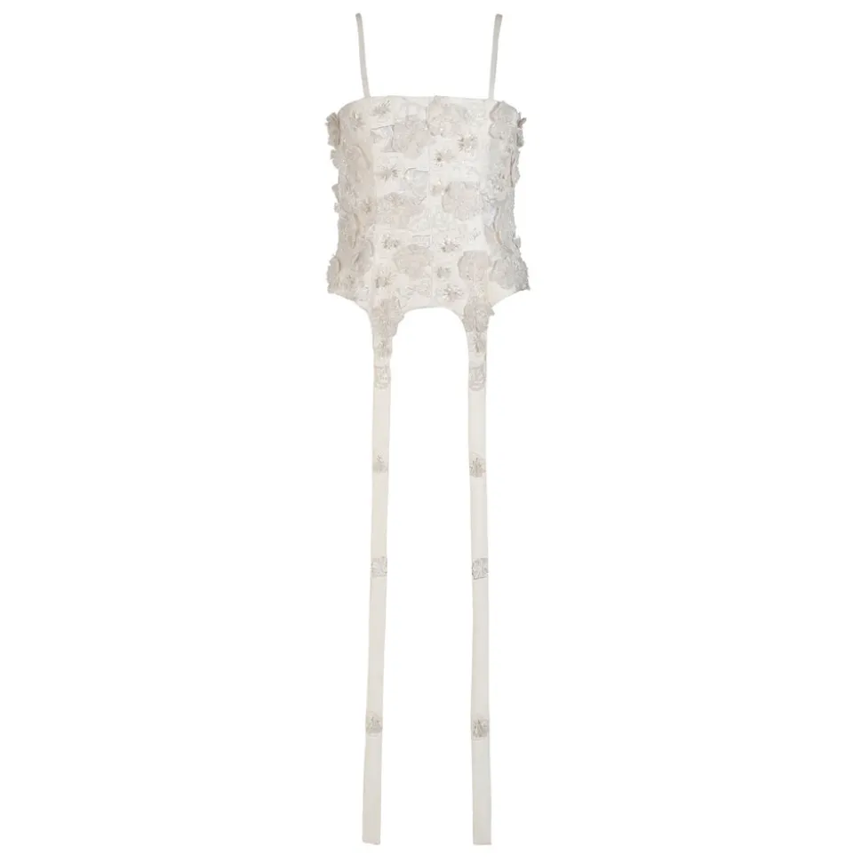 Selina Corset Top in Ivory Silk Wool with Leaf Cluster Embellishment