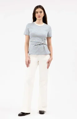 Short Sleeve Carlita Top in Cream & Blue Bird Thin Stripe