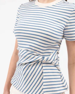 Short Sleeve Carlita Top in Cream & Blue Bird Thin Stripe