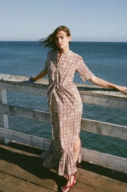 Short-Sleeve Shirt Dress in Brown with White Checkerboard