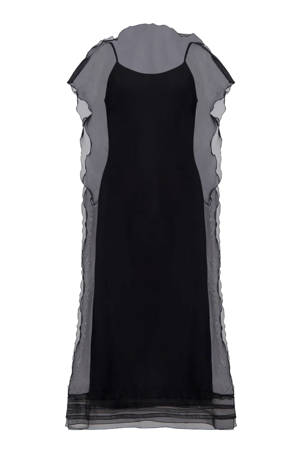 Silk Organza Sack Dress with Scalloped Edge in Black