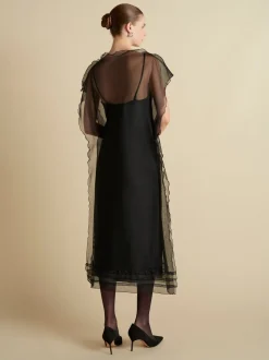 Silk Organza Sack Dress with Scalloped Edge in Black