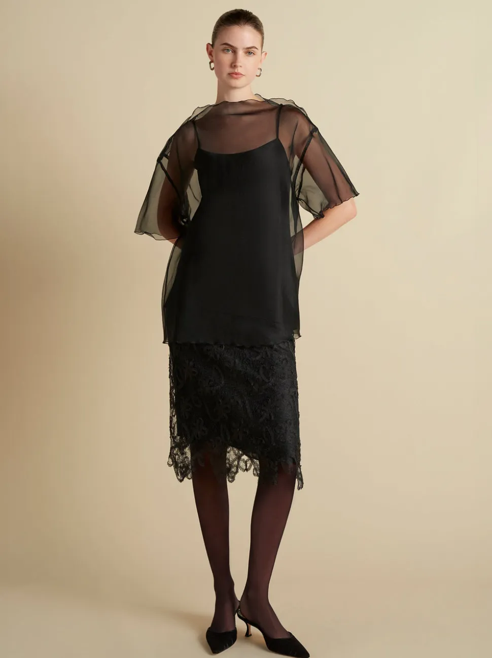 Silk Organza T-Shirt with Scalloped Edge in Black