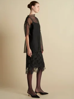 Silk Organza T-Shirt with Scalloped Edge in Black