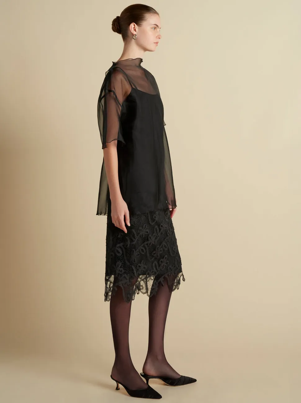 Silk Organza T-Shirt with Scalloped Edge in Black