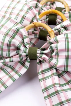 Silk Saffron Check Napkin Rings in Green, Set of 4