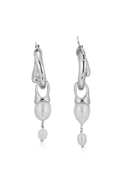 Silver Interlocking Hoops with Pearl Pendants