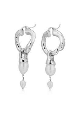 Silver Interlocking Hoops with Pearl Pendants