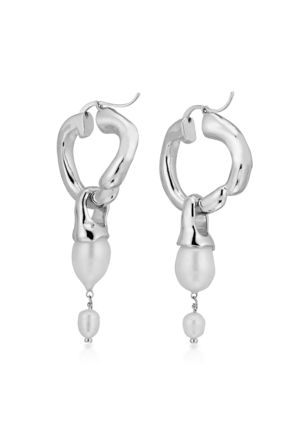 Silver Interlocking Hoops with Pearl Pendants