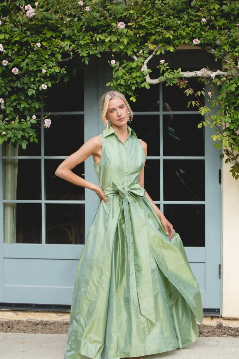 Sleeveless Collar Gown in Soft Sage