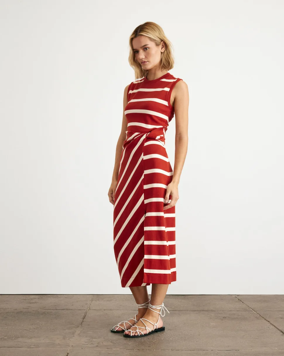 Sleeveless Striped Cody Dress in Brick & Cream Stripe