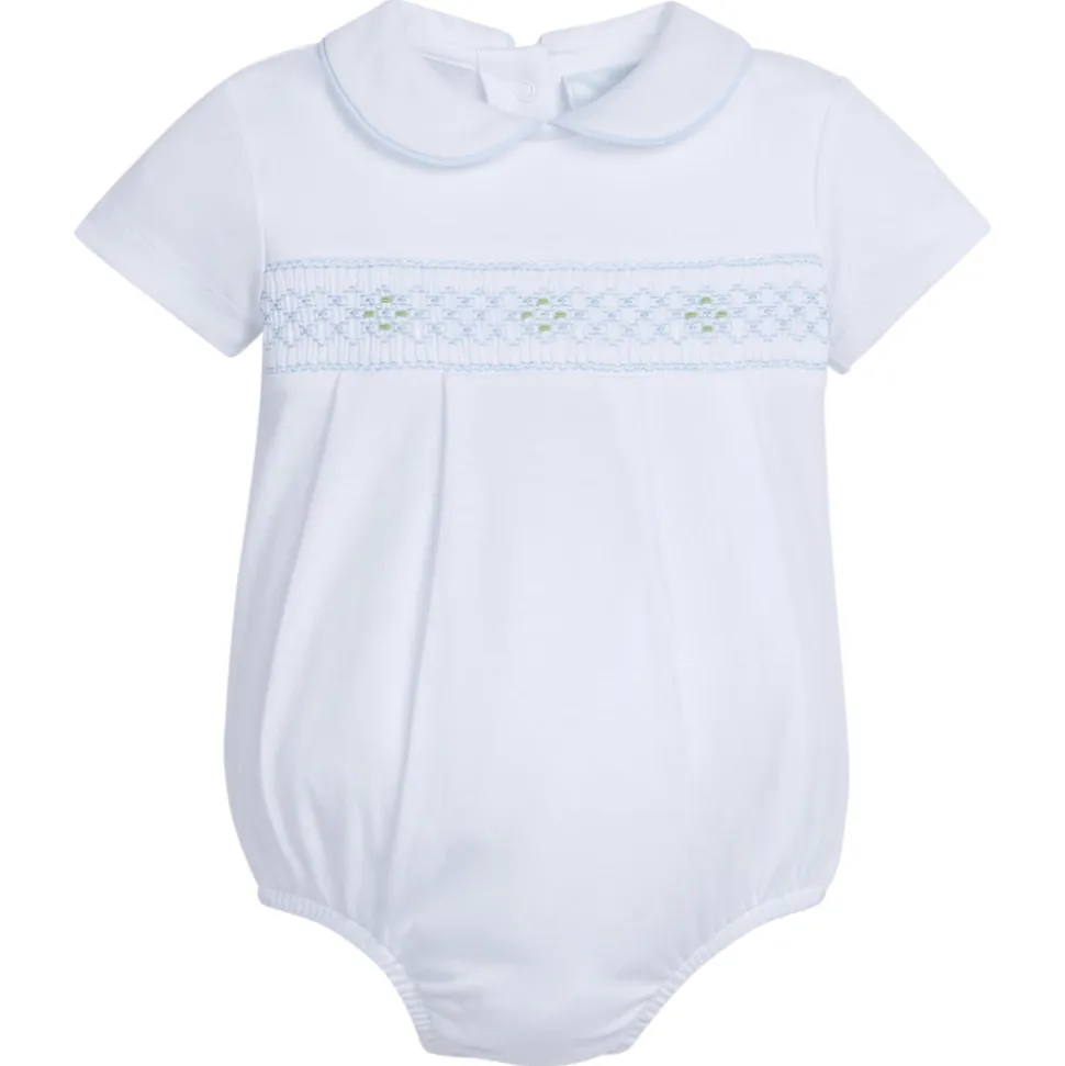 Smocked Peter Pan Bubble in Blue Geo