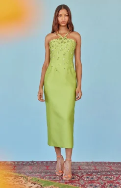 Sofia Dress in Lime Silk Wool with Sporadic Sequins