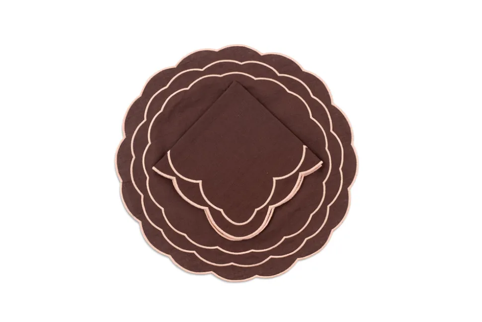 Sofia Linen Brown Napkin with Blooming Dahlia Embroidery