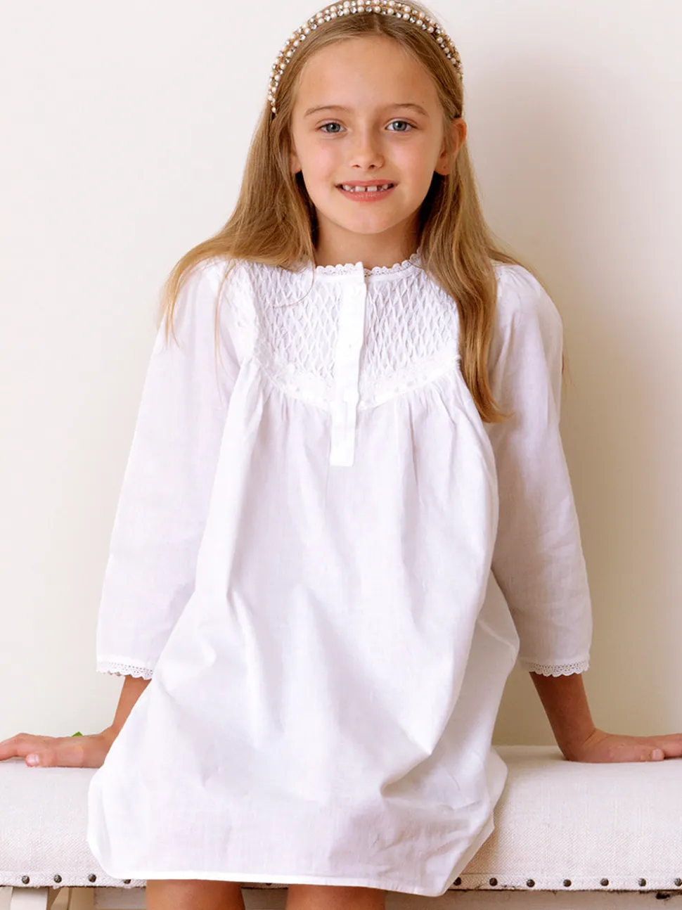Sophia Long Sleeve White Cotton Dress for Girls