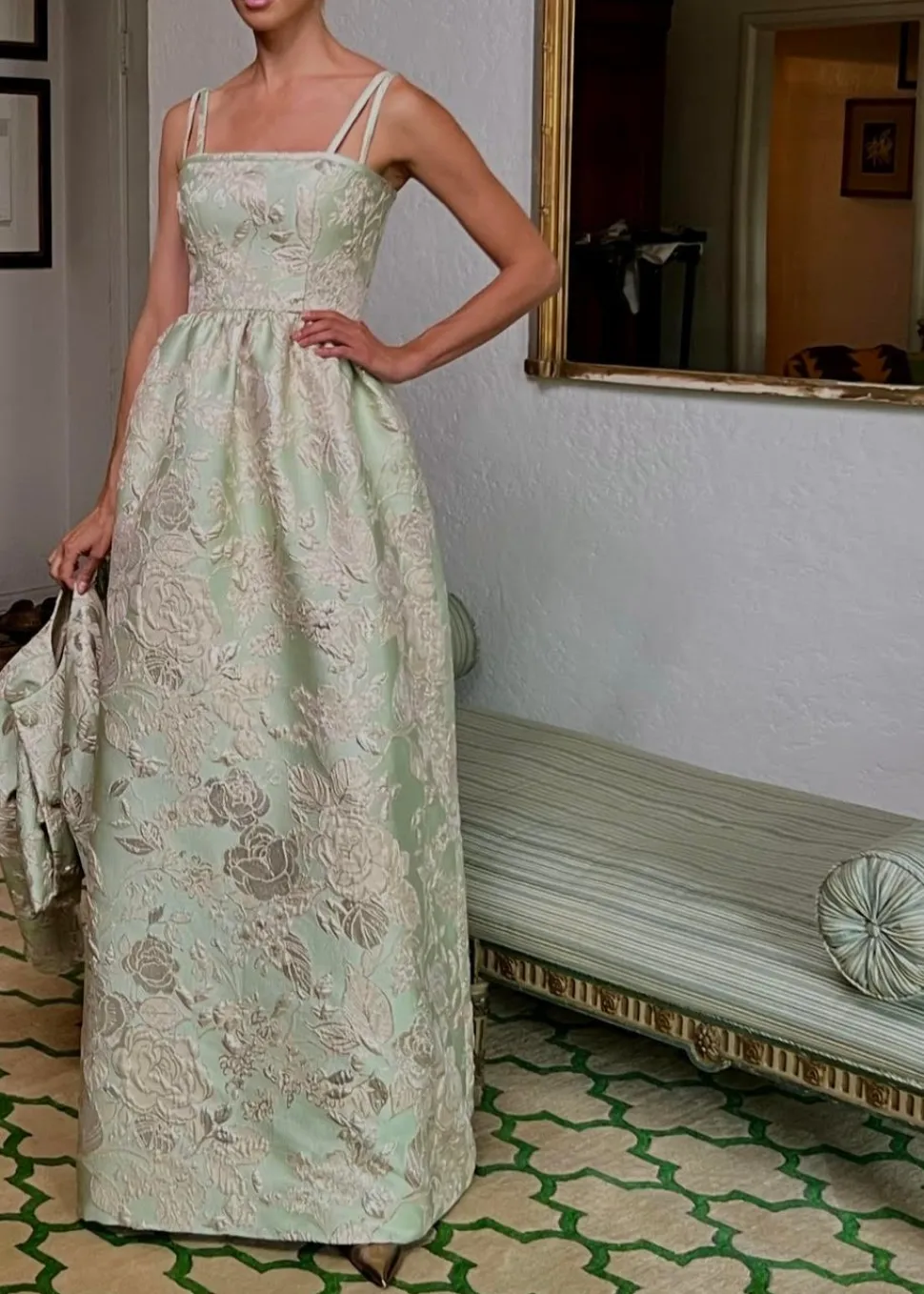 Spaghetti Strap Dress in Mint & Cream Italian Brocade