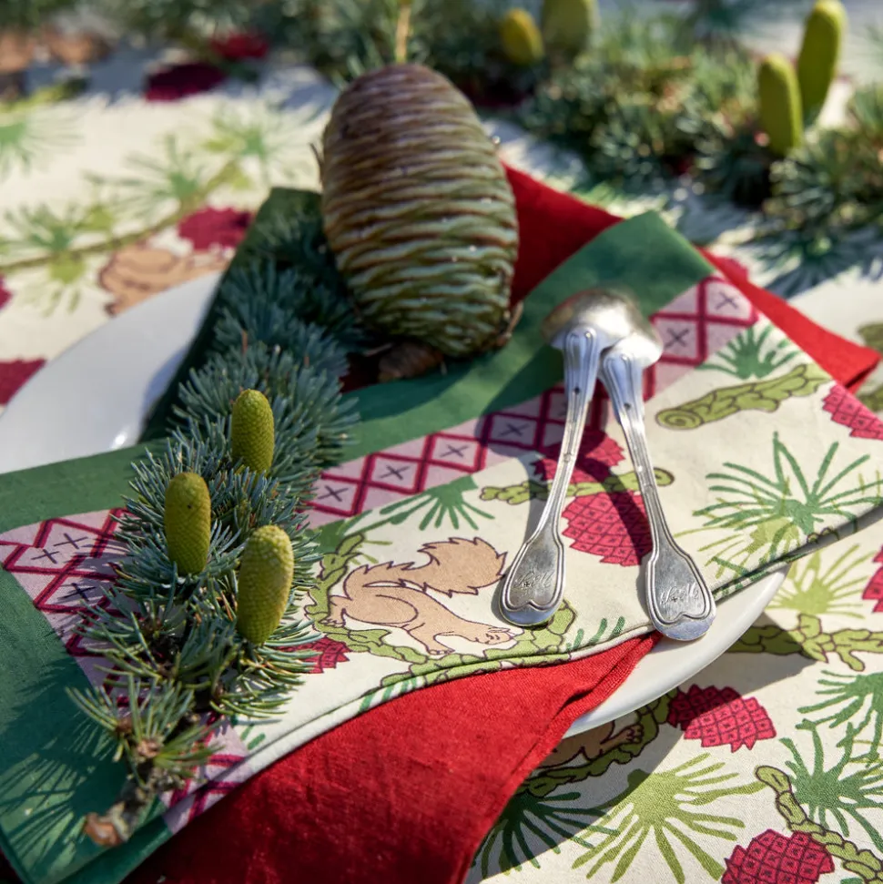 Squirrel and Pinecone Tea Towels in Red & Brown, Set of 3