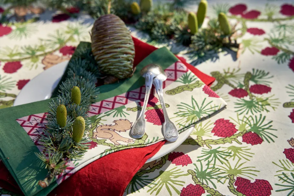 Squirrel and Pinecone Tea Towels in Red & Brown, Set of 3