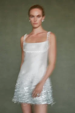 Stella Dress in Ivory Silk Wool with Silver Fringe