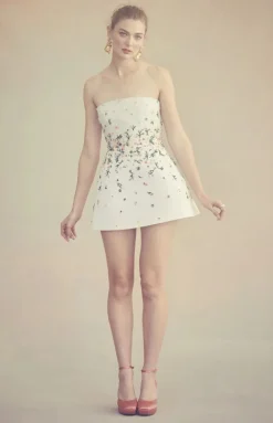 Strapless Ellia Dress in White Organza with Meadow Embellishment