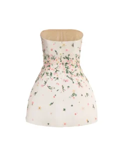 Strapless Ellia Dress in White Organza with Meadow Embellishment