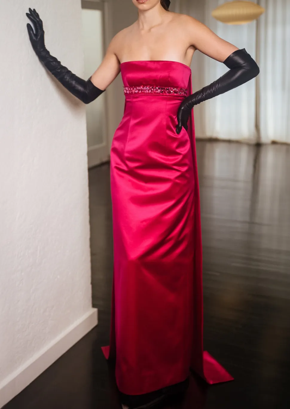 Strapless Panel Back Empire Gown In Fuschia Pink Duchesse Satin With Jeweled Waist