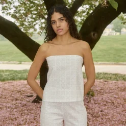Strapless Top in White with Beige Checkerboard