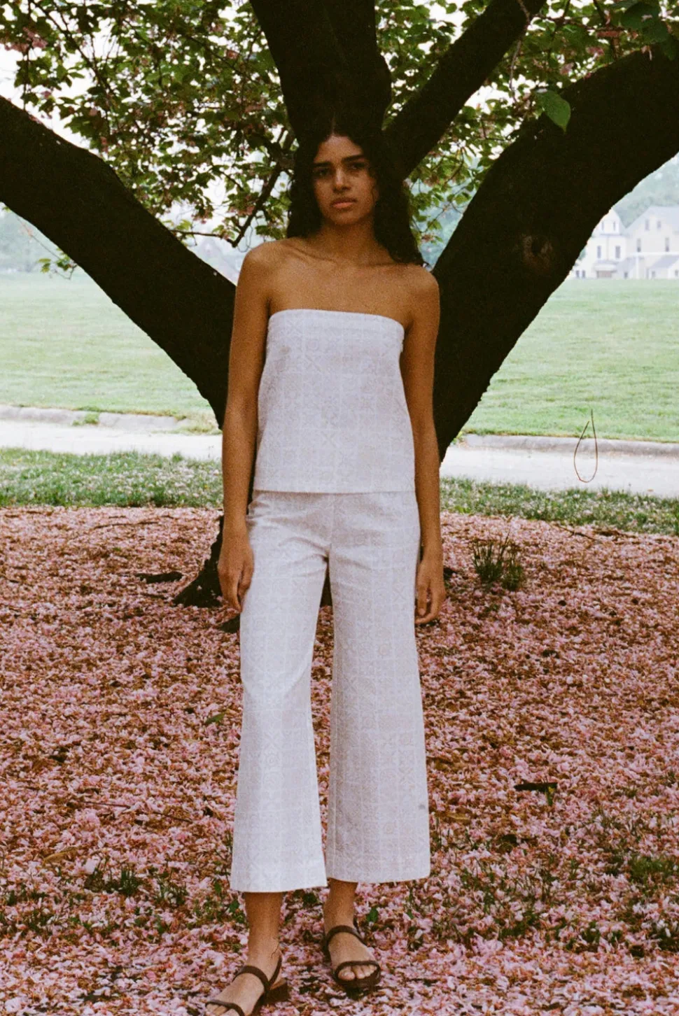Strapless Top in White with Beige Checkerboard
