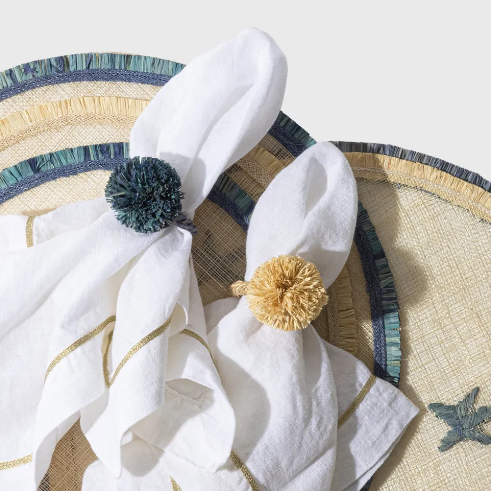 Straw Pompom Napkin Rings in Indigo, Set of Four
