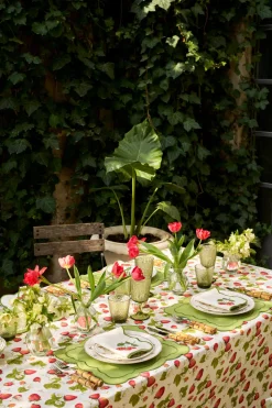 Strawberry Fields Tablecloth with Green Trim