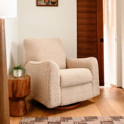 Sunday Power Recliner and Swivel Glider in Chai Shearling with Dark Wood Base