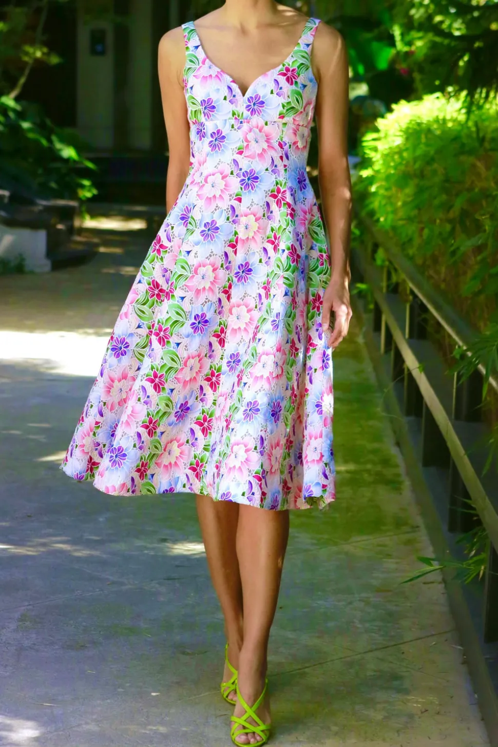 Sweetheart Fit And Flair Dress in Italian Multi Colored Cotton Eyelet