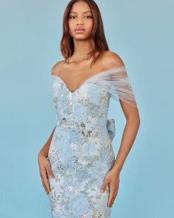 Sylvie Dress in Light Blue Floral Brocade