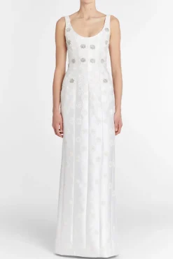 Sylvie White Silk Paneled Column Gown With Daisy Beading