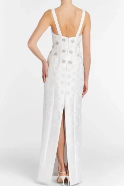 Sylvie White Silk Paneled Column Gown With Daisy Beading