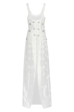 Sylvie White Silk Paneled Column Gown With Daisy Beading