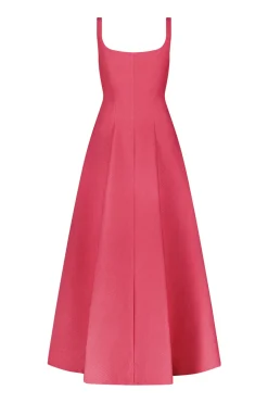 Textured Satin Seam Detail Scoop Neck Midi Dress in Berry